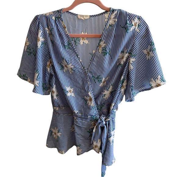 Sienna Sky Tops - Sienna Sky Blue Stripe Floral Wrap Blouse Small Peplum Tie Waist Top